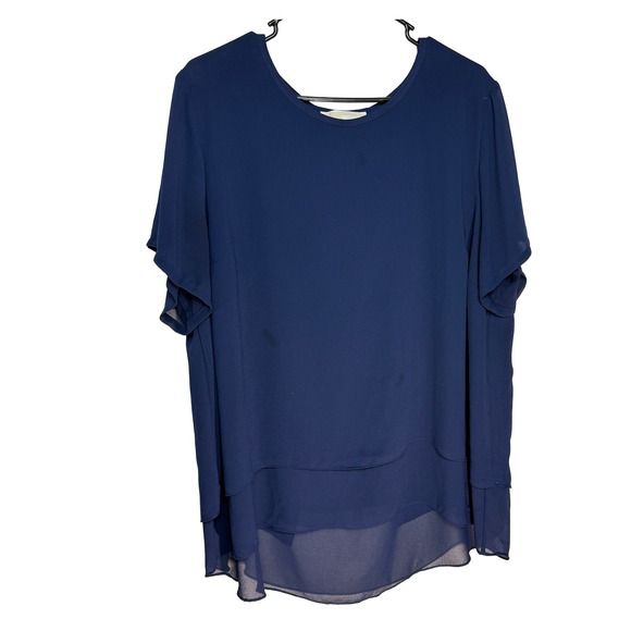 Michael Kors Tops - Michael Kors Womens 2XL Navy Blue Layered Chiffon Split Back Short Sleeve Blouse